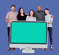 Diverse people with a blank computer screen mockup