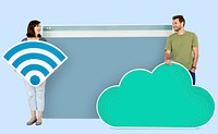 People holding a signal and a cloud icons