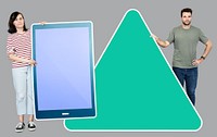People holding a triangular icon in front of a giant paper cutout of a tablet