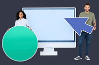 People holding icons in front of a computer monitor paper cutout