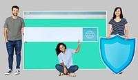 People holding icons related to the theme of internet security