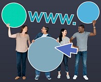People holding blank circles and worldwide web text