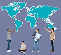 People using computers and world map