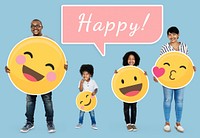 Cheerful family with happy emoticons