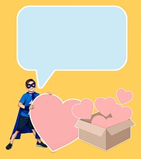 Young superhero collecting hearts in a box