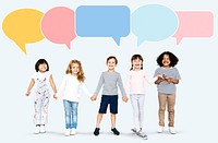 Group of diverse kids with blank speech bubbles