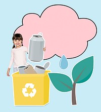 Young girl collecting cans into a yellow recycling bin