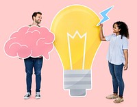 People carrying a light bulb and a brain icons