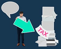 Man with an arrow pointing towards tax papers