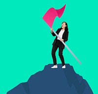 Successful woman waving a flag on top of the mountain