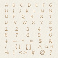 Glitter gold psd alphabet brush stroke set symbols and numbers