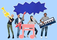 Cheerful people holding musical instrument icons