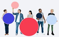 People holding circle icons with copy space