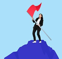 Business woman holding a flag on the mountain