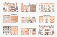 European old building psd vintage hand drawn illustration set