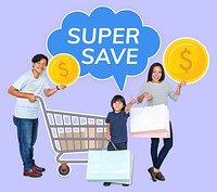 Happy family shopping for super save deals