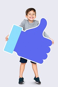 Happy boy holding a blue thumbs up icon