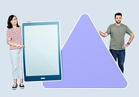 People holding different icons in front of a giant paper cutout