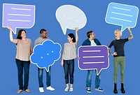 Diverse people holding speech bubble icons
