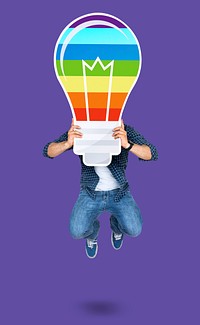 Man holding a colorful light bulb icon