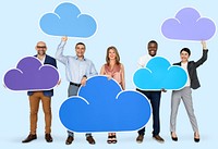 Diverse people holding cloud icons