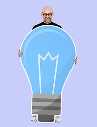 Creative man with a blue light bulb symbol