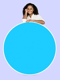 Woman showing a blank blue circle board