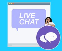 Cheerful woman with a live chat website
