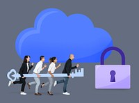 Diverse people carrying a key to unlock a cloud storage