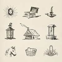 Engraving icon psd vintage icon drawing set