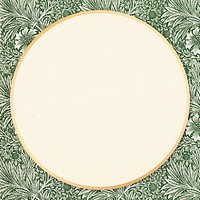 Round gold frame on William Morris inspired patterned background