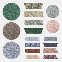 Floral washi tape psd and round sticker set remix from artwork by William Morris