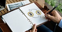 Bitcoin exchange with dollar symbol on a planner