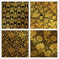 Golden floral pattern psd set remix from artwork by William Morris