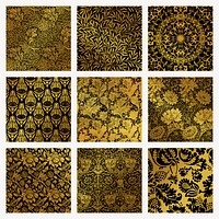 Vintage golden botanical pattern vector set remix from artwork by William Morris