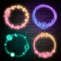 Neon effect frame psd glowing floral planet set