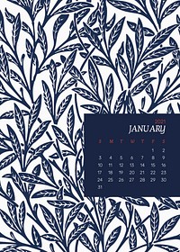 January 2021 printable calendar with William Morris blue floral pattern