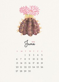 June 2021 editable calendar template vector with watercolor cactus illustration