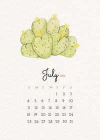 Calendar 2021 July printable with cute hand drawn cactus