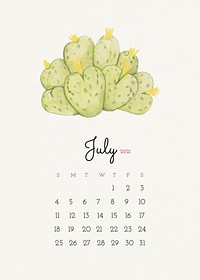 July 2021 editable calendar template vector with watercolor cactus illustration