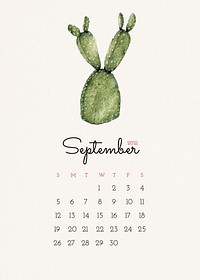 Calendar 2021 September printable with cute hand drawn cactus