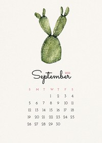 September 2021 editable calendar template vector with watercolor cactus illustration