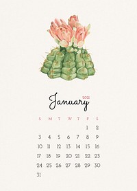Calendar 2021 January editable template psd with cactus