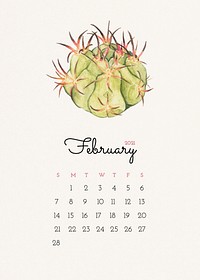 Calendar 2021 February printable with cute hand drawn cactus