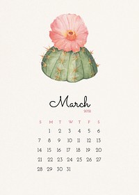 Calendar 2021 March printable with cute hand drawn cactus
