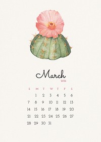 March 2021 editable calendar template vector with watercolor cactus illustration