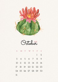 Calendar 2021 October printable with cute hand drawn cactus