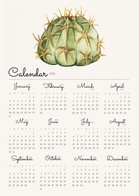 Calendar 2021 printable template psd with cute hand-drawn cactus 