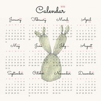 Calendar 2021 yearly printable with cute hand drawn cactus background set