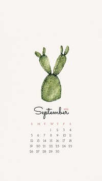Calendar 2021 September printable with cute hand drawn cactus background